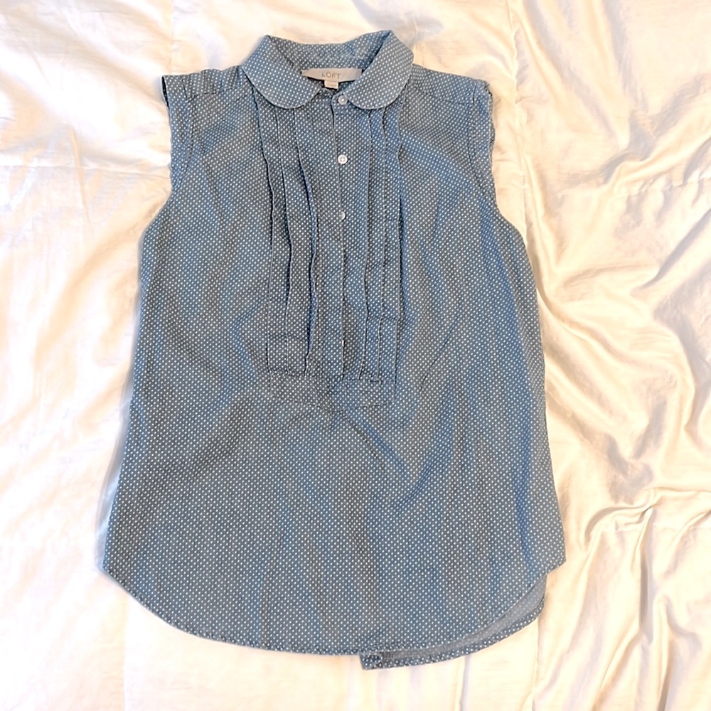 LOFT, XS, blue and white polka dot, half button shirt